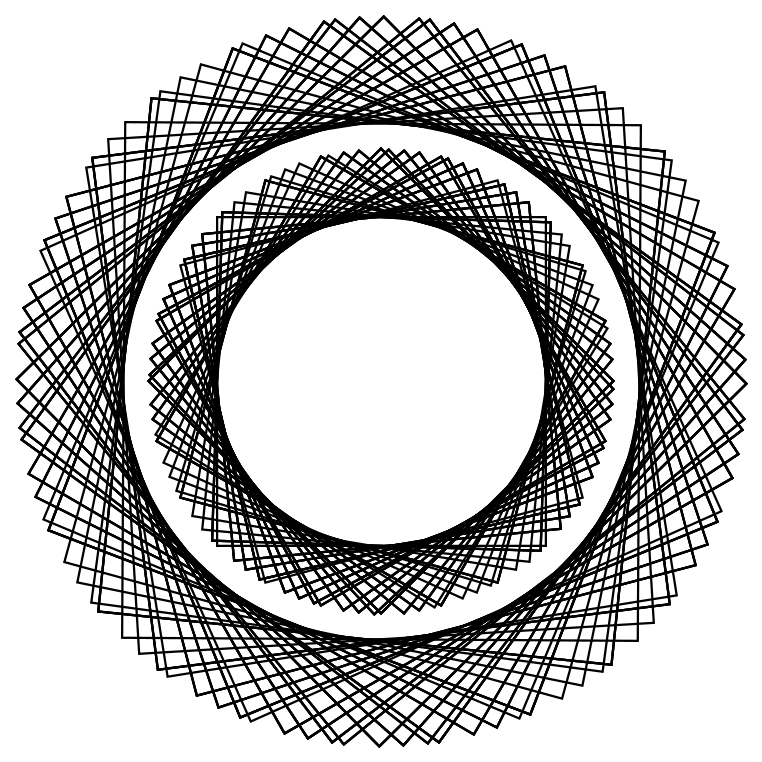 Fotografie Deluxe Logo: zwei konzentrische Ringe aus gedrehten Quadraten in Schwarz auf Weiß — geometrisches Grafikmotiv