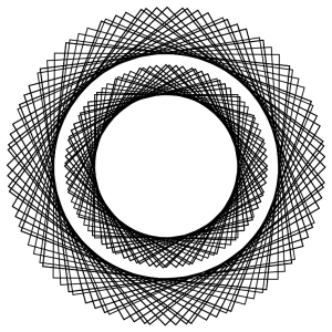 Fotografie Deluxe Logo: zwei konzentrische Ringe aus gedrehten Quadraten in Schwarz auf Weiß — geometrisches Grafikmotiv